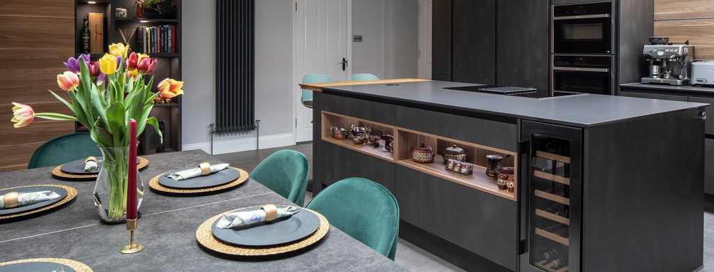 Flowers on dining table kitchen design.